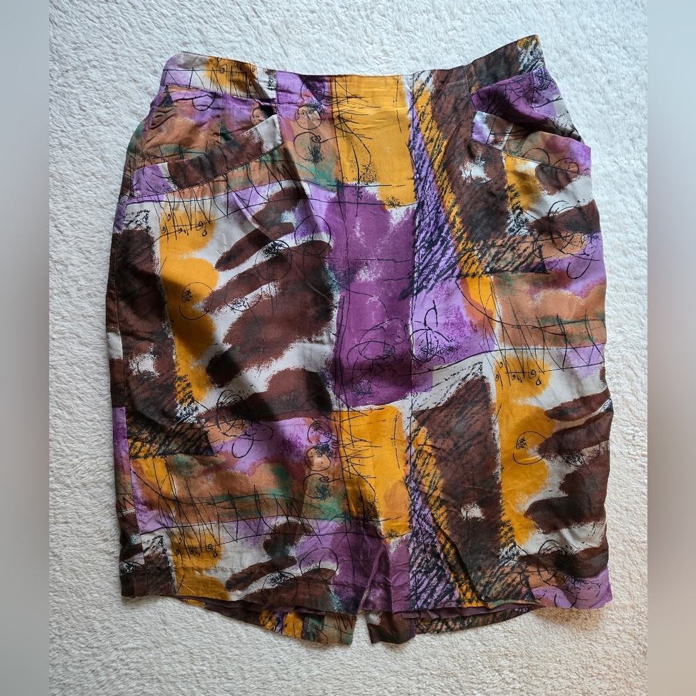 La Spezia Italy Vintage Abstract Print 100% Silk Women's Skirt Sz Xl